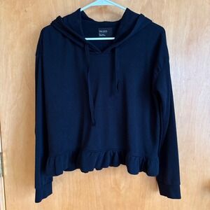Free Press Ruffle Hem Hoodie Womens Small Black Cropped Fleece Pullover
